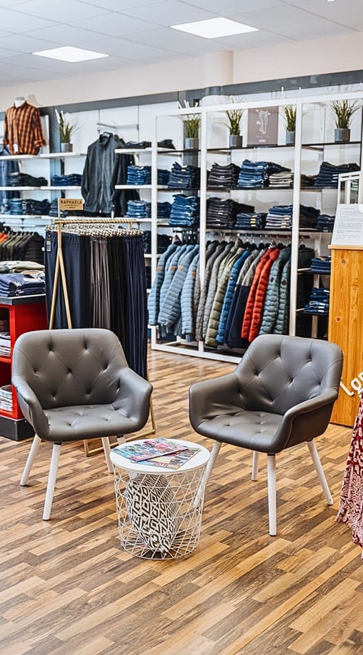 Zwei Sessel und ein kleiner runder Tisch sind im Fachgeschäft für Große Größen des Modehauses "gross-art-ich" zu sehen.